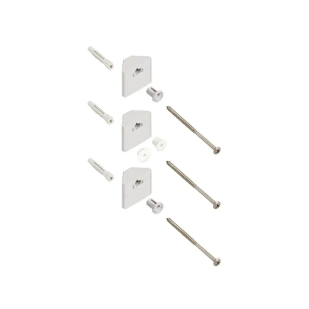 Montageset bestehend aus mehreren weißen Halterungen, Dübel und Schrauben. Geeignet für die Installation von Hansgrohe Duschsystemen in einer Eckmontage.